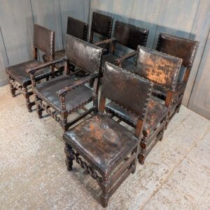 Set of 8 Baronial Leather & Oak Medieval Style Chairs