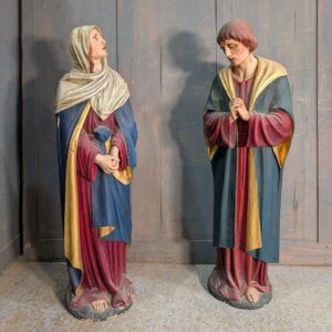 Matching Carved Antique Wooden Pair of Religious Statues St Mary & St John