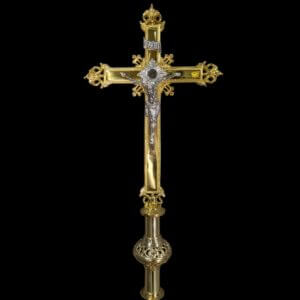 Very Tall Highly Polished Baroque Style Brass Processional Cross with Claw Foot Stand