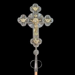 Orthodox Holy Land Silver & Gold Metal Large Processional Cross with Putti