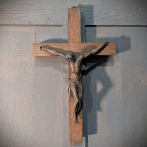 Early 1900's Extremely Heavy Bronze & Oak Medium Size Wall Crucifix