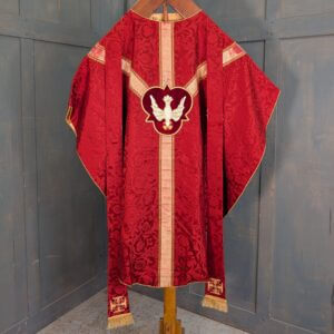 Vintage Carmine Damask Silk 'Dove of Peace' Chasuble with Stole - Project -