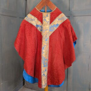 Unusual Vintage Terracotta Cotton Brocade Chasuble with Blue Gold Orphreys