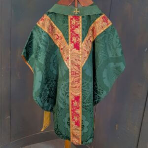 Vintage Nephrite Green Damask Silk Chasuble with Red Gold Orphreys