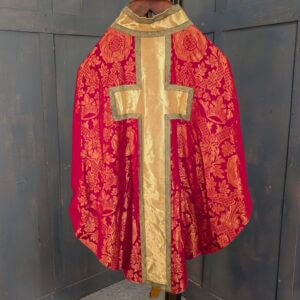 Watts & Co Red & Gold Silk Damask Chasuble with Large Cross plus Stole Burse Veil