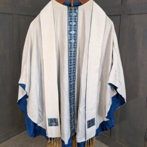 1990's Vintage White Slub Extra Large Chasuble with Blue Gold Orphrey & Stole