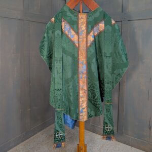 Vintage Nephrite Green Damask Silk Chasuble with Blue Gold Orphreys