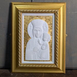 Framed Carved Alabaster Polish Black Madonna - Our Lady of Czestochowa with Gold Mosaic