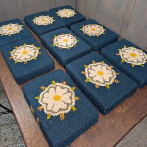 Set of Nine Hand Made Church Kneelers Hassocks Cushions with White English Rose on Teal Background