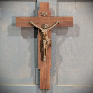 Vintage French Late Deco Teak Crucifix with Bronzed Metal Figure