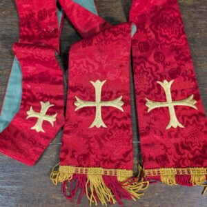 Lovely Van Heems Vintage Red Silk Damask Stole with Gold Cercelee Cross