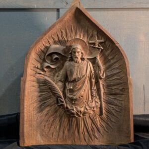 Wonderful Antique Carved Elm Plaque Shield of Christ with Quill & Banner