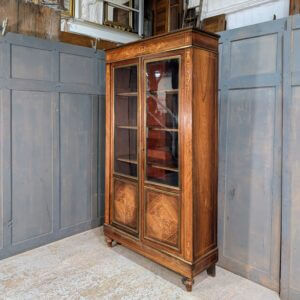 Early 20th Century French Brass Mounted Marquetry Inlaid Rosewood Bookcase Cabinet