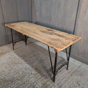 Vintage C&C Pine Plank & Steel Folding Leg Trestle Table