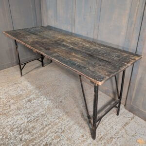 Vintage Dark Pine and Steel Foldaway Trestle Table