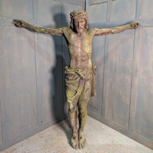 Beautiful Antique Moss Covered Hand Carved Oak Outdoor Life Size Jesus Crucifixion